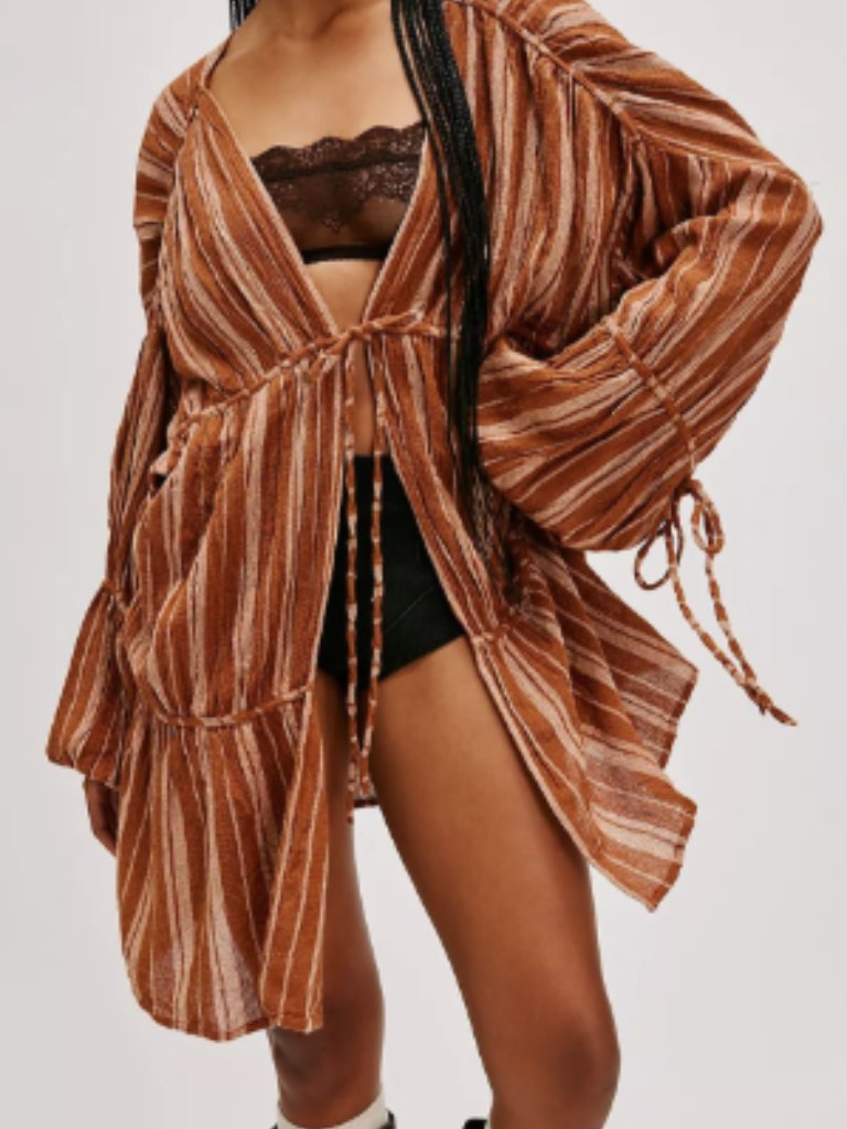 Free People Juliet Duster Top Coverup Striped Linen One Size Brown